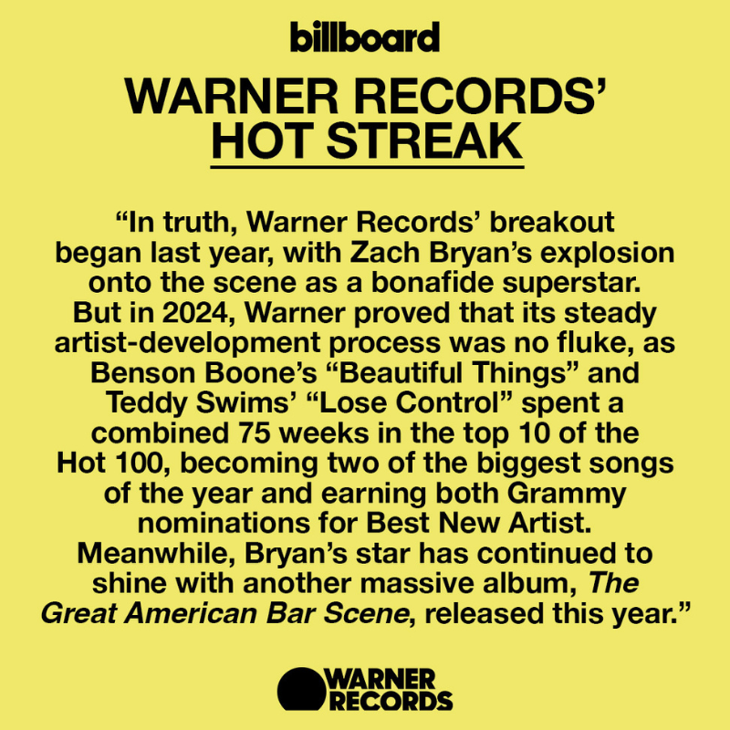 Warner Records' Hot Streak - BILLBOARD: The 10 Biggest Record Label Stories of 2024